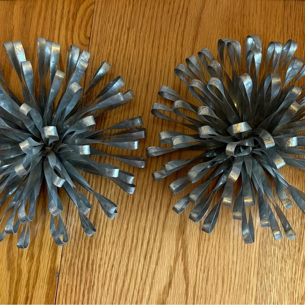 Industrial Modern Metal Wall Sculptures Pair Silver Burst Flower Art Decor 12” - Picture 2 of 12